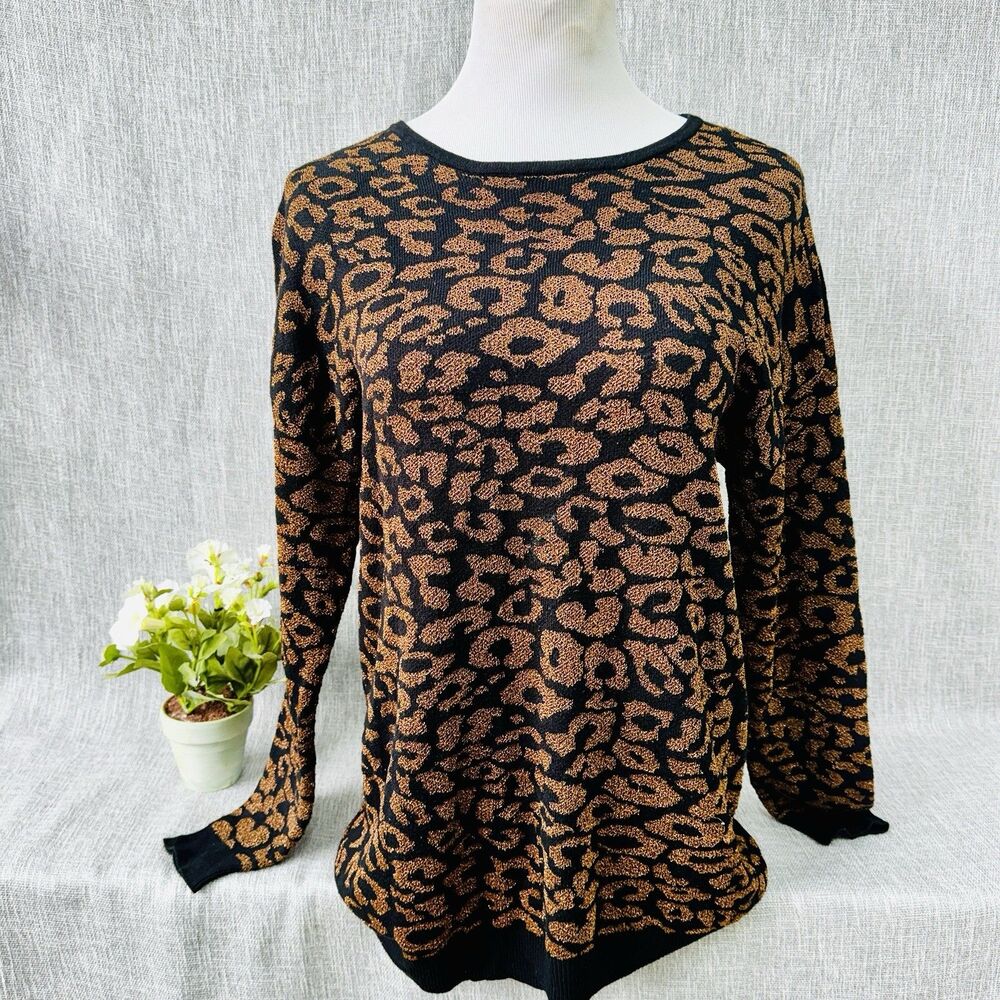 Nina Leonard Metallic Animal Print Sweater Top Black Copper Knit L Rayon Blend